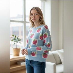 Chic Strawberry Patterned Light Blue Sweater